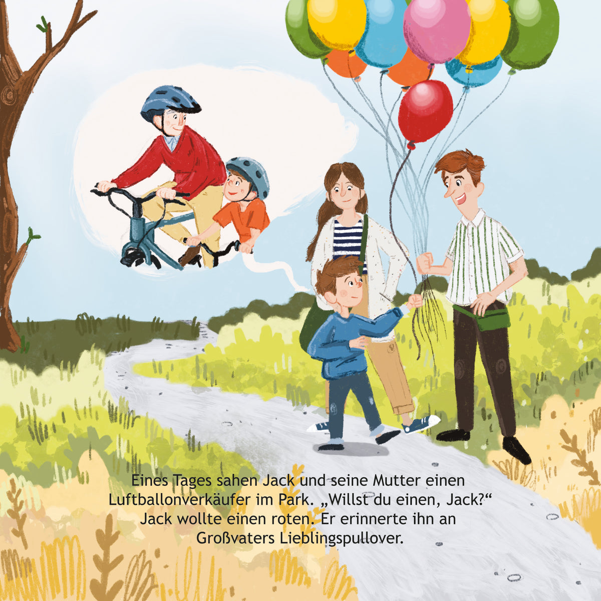 Illustration of a family with children in a park, one child riding a bike and another holding balloons.