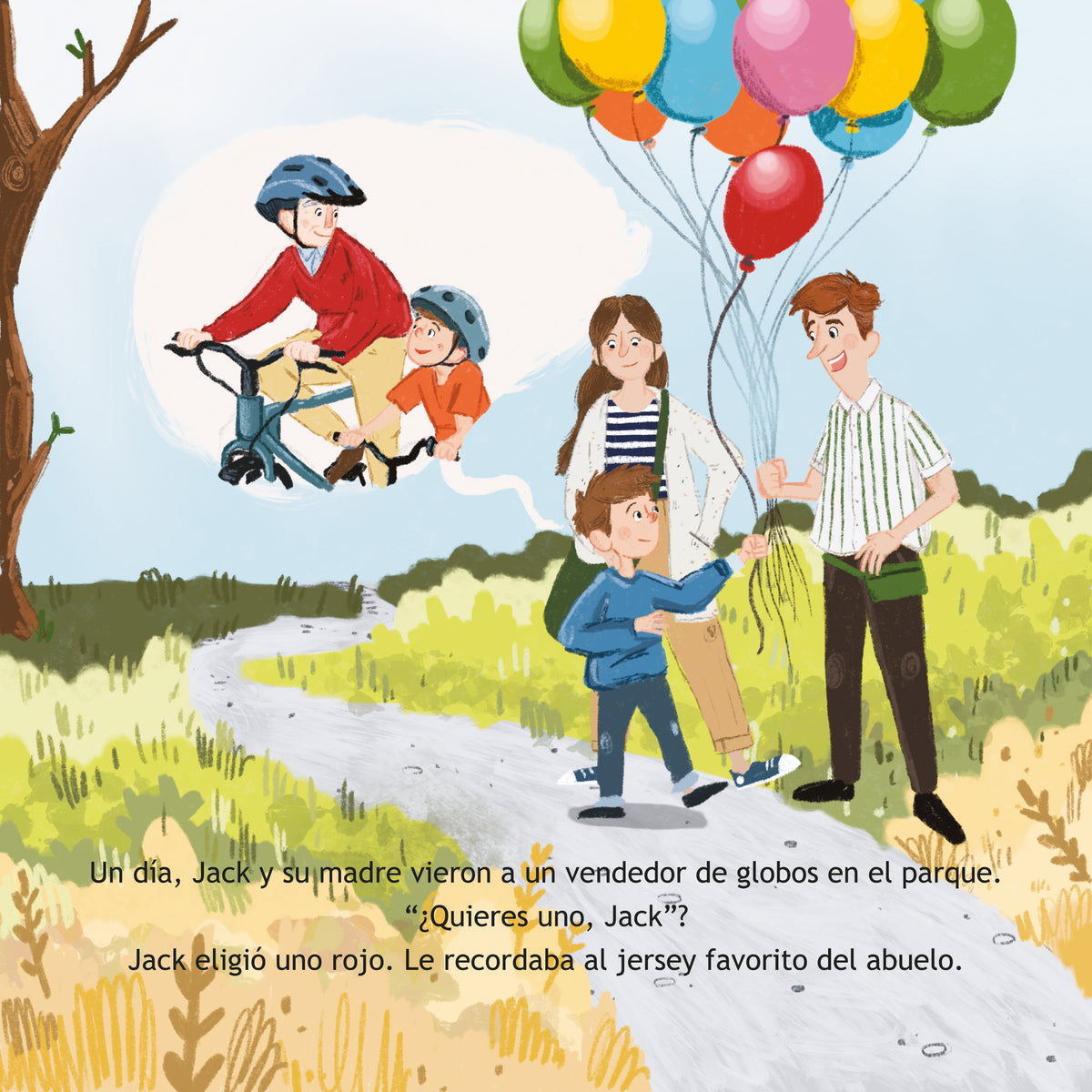 Illustration of a family in a park with balloons and a child on a bike, with text in Spanish.
