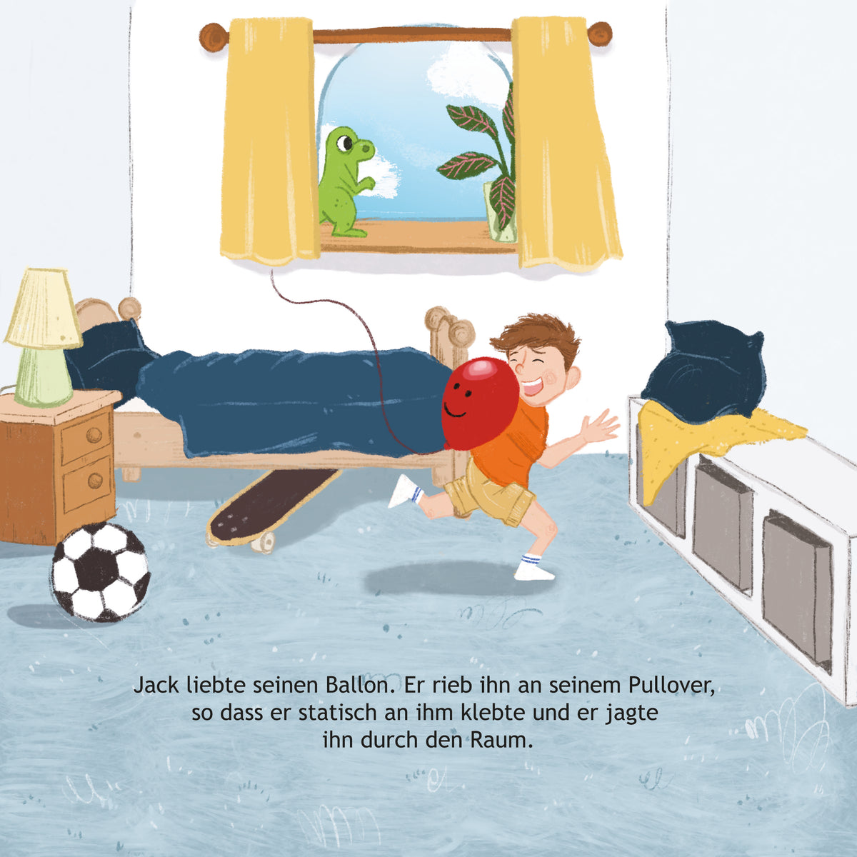 Illustration of a child playing with a balloon in a bedroom.