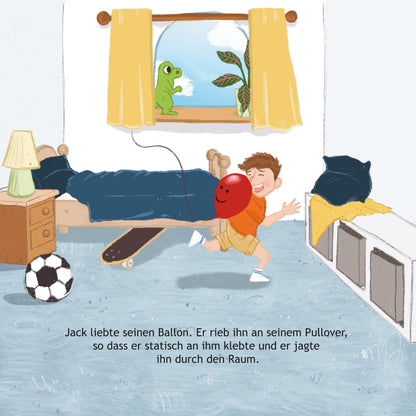 Illustration of a child playing with a balloon in a bedroom.