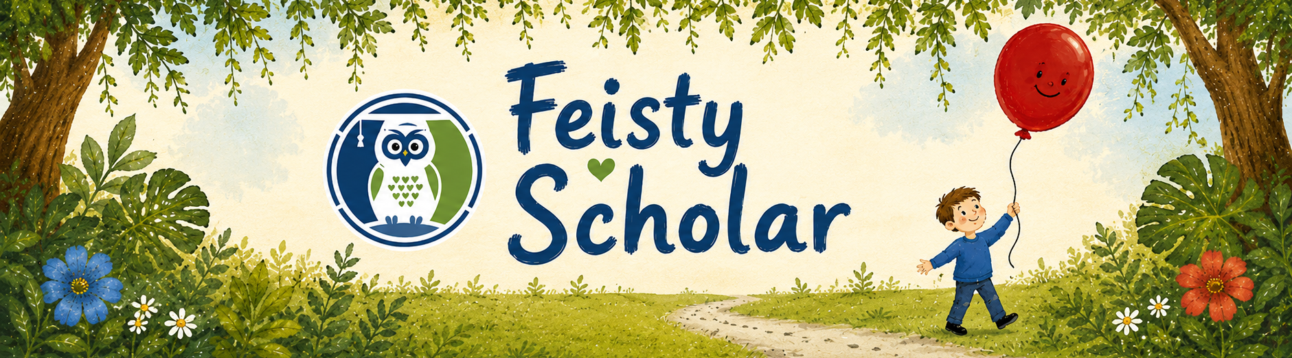 Feisty Scholar logo with a child holding a balloon in a nature setting