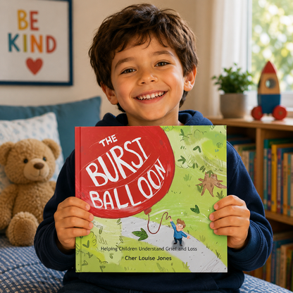 Child holding a book titled 'The Burst Balloon' in a cozy room with a teddy bear and books.