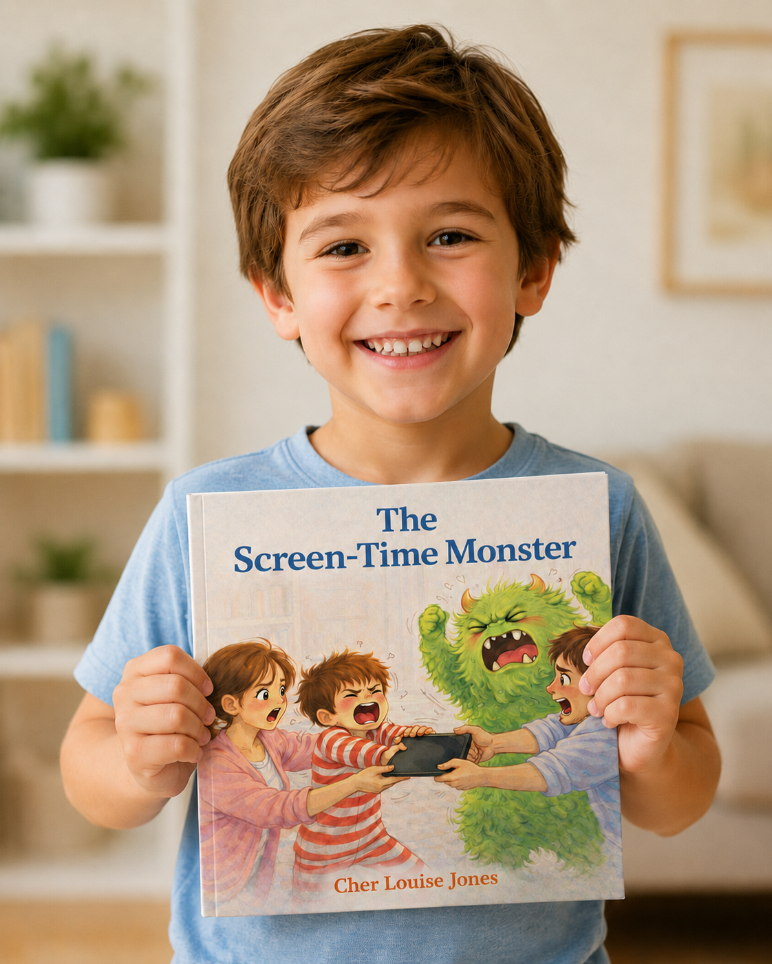 Child holding a book titled 'The Screen-Time Monster' in a home setting
