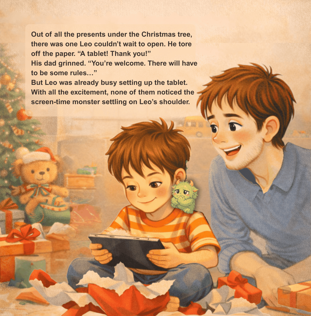 Illustration of a father and son with a tablet under a Christmas tree, surrounded by presents and a Christmas tree.