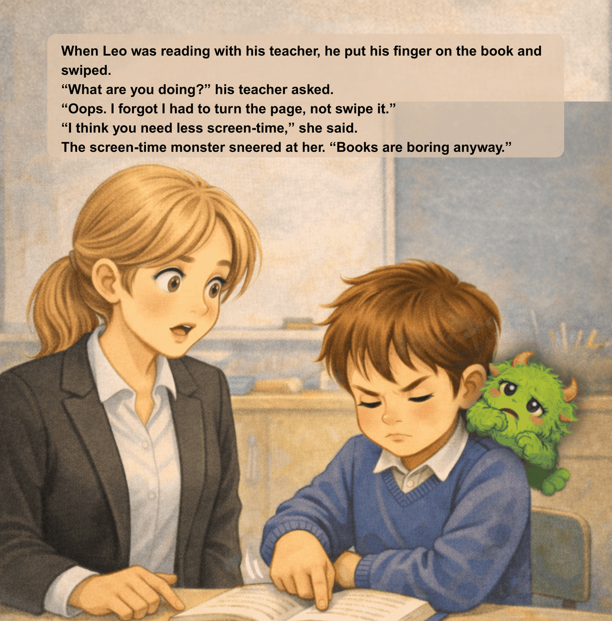 Illustration of a teacher and student with a text box containing a humorous dialogue about screen time and books.