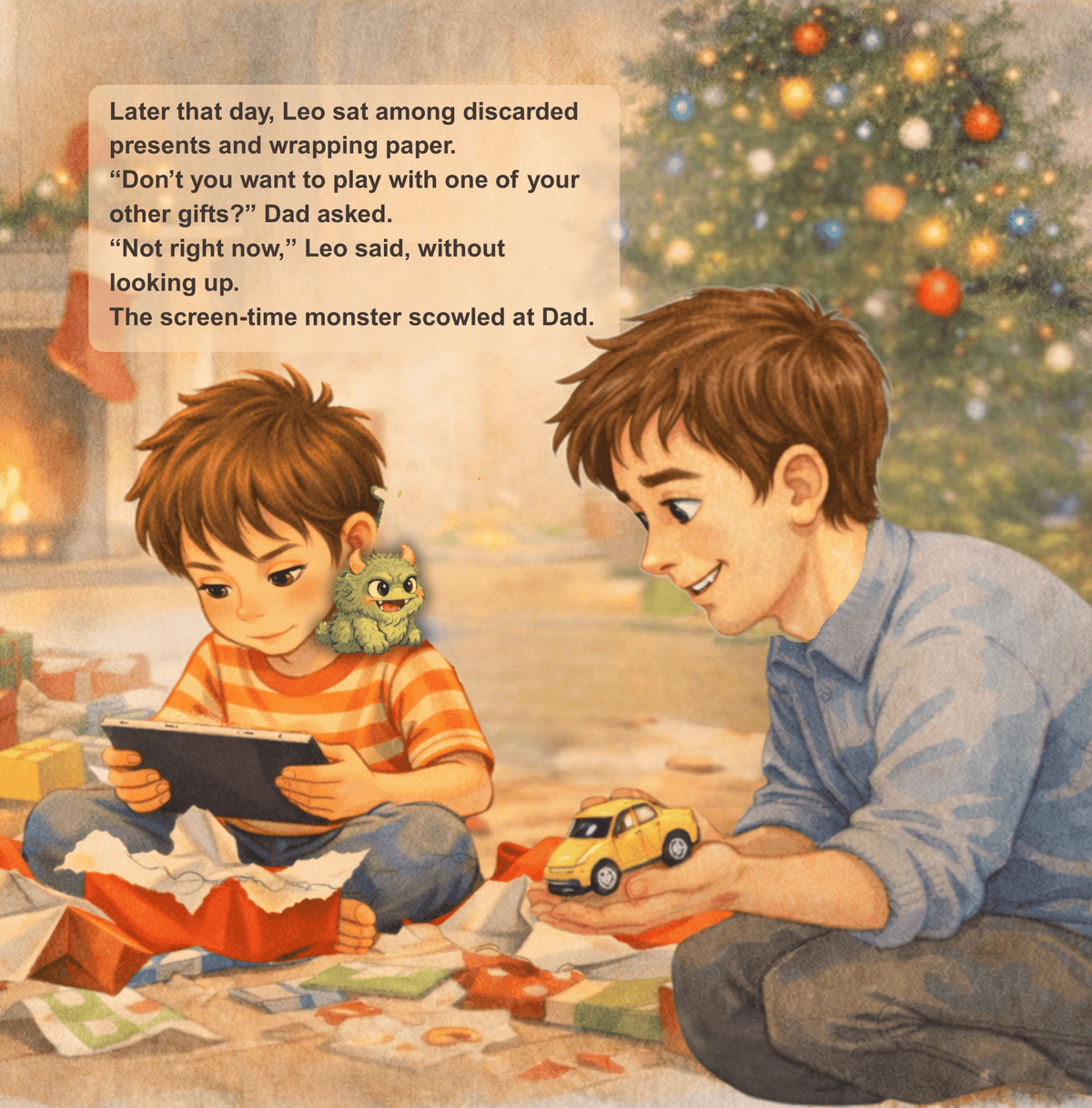 Two boys playing with toys in front of a Christmas tree, surrounded by presents and wrapping paper.