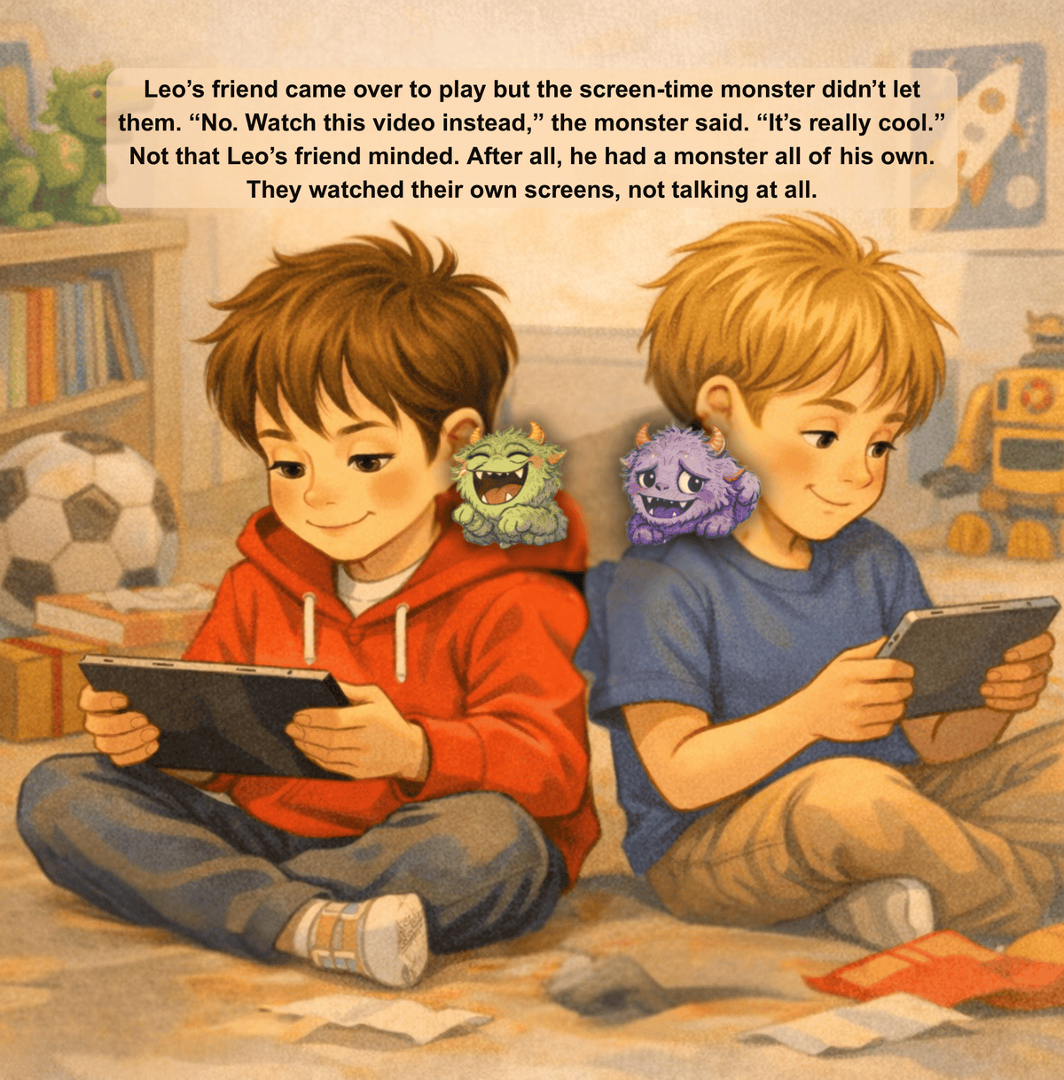 Two children sitting on the floor with electronic devices, surrounded by toys and a bookshelf.