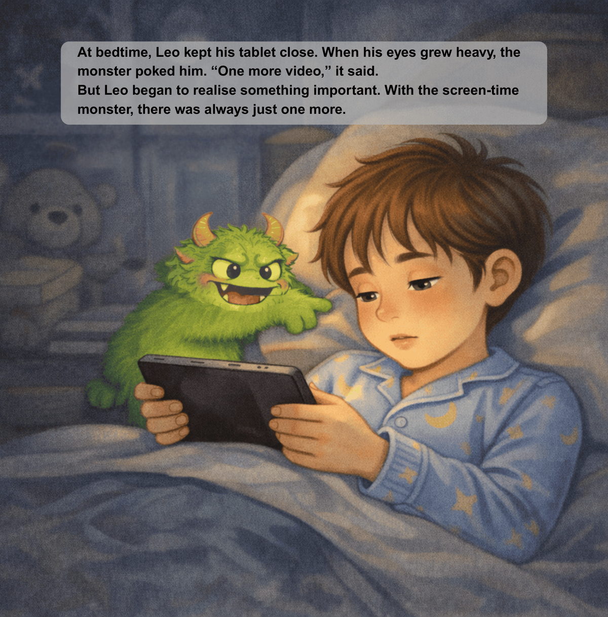 Illustration of a child in bed with a tablet and a green monster peeking over, with bedtime story text above.