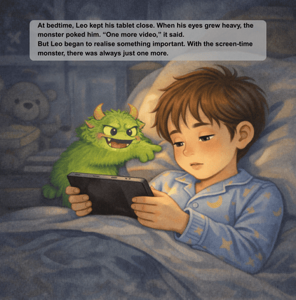 Illustration of a child in bed with a tablet and a green monster peeking over, with bedtime story text above.