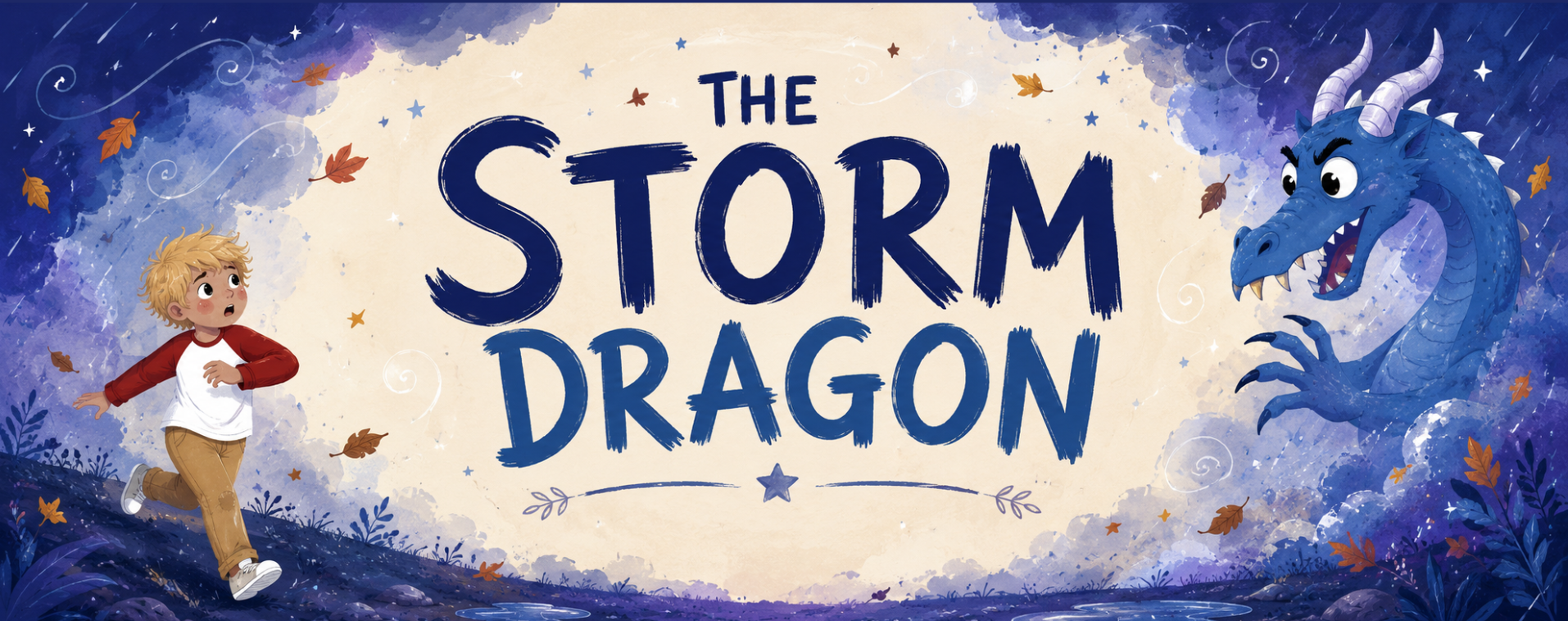 Title card for 'The Storm Dragon' with a boy and dragon illustration.