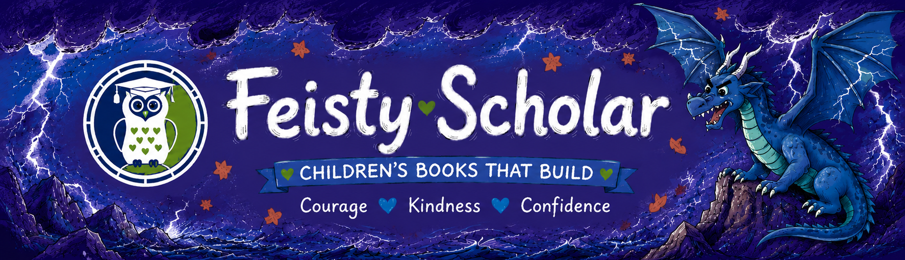 Feisty Scholar logo with owl and dragon on a blue background