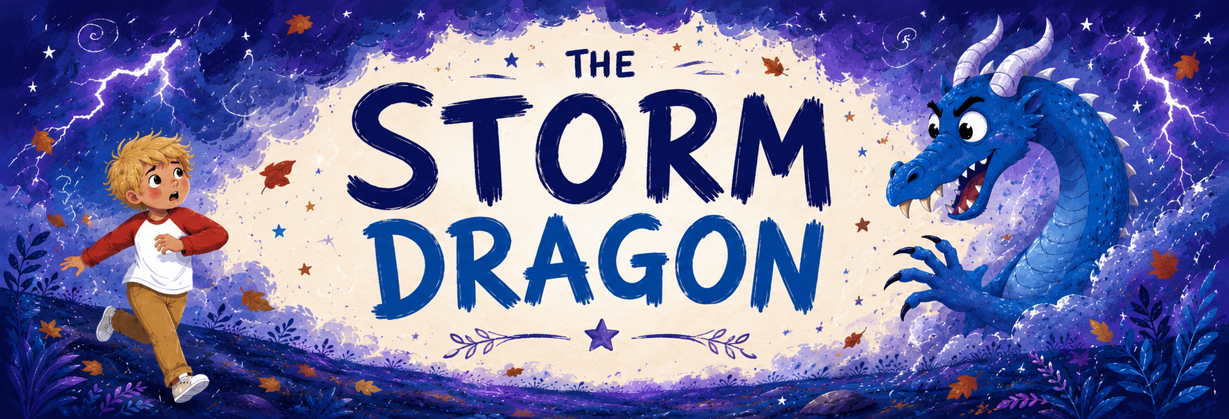 Title 'The Storm Dragon' with a child and dragon illustration on a dark blue background.