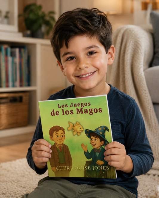 Child holding a book titled 'Los Juegos de los Magos' in a cozy living room.