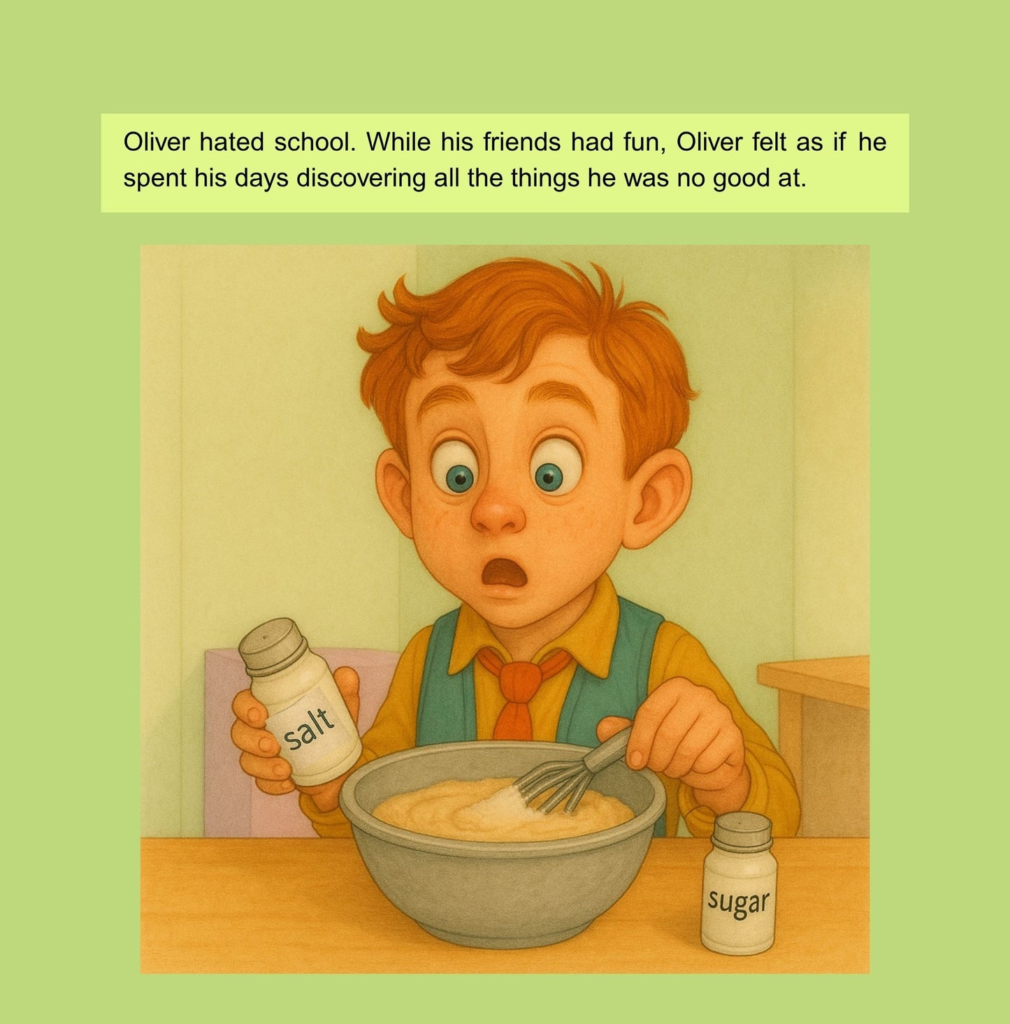 Illustration of a boy with a bowl of flour, salt, and sugar, feeling frustrated about school.