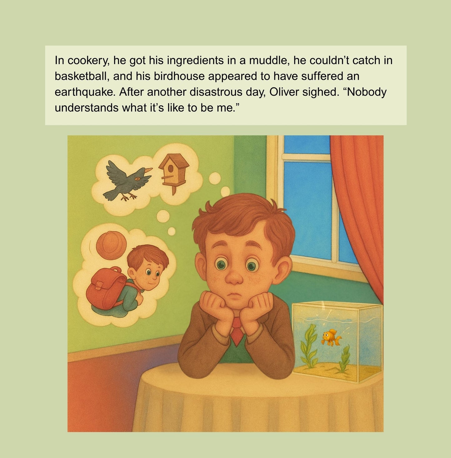 Illustration of a boy sitting at a table with a fish tank, looking sad, with text above him.