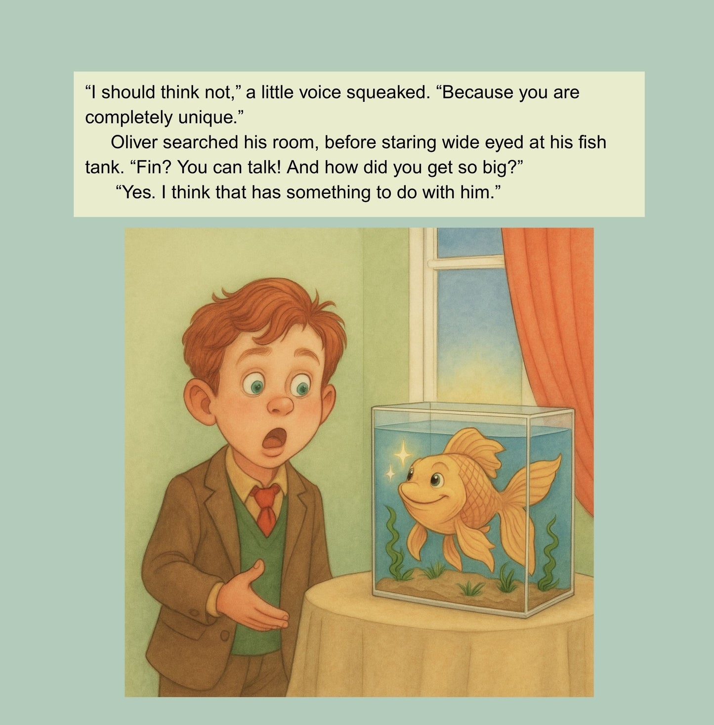 Illustration of a boy looking at a talking fish in a tank with text above.