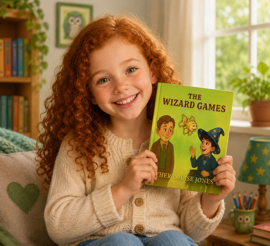 Young girl holding a book titled 'The Wizard Games' in a cozy room.