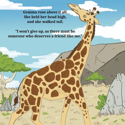 Walk Tall by Cher Louise Jones Illustrated by Lee Dixon Bullying Self Esteem Illustrated Picture Book Giraffes Lions Crocodiles Hippos Savanna Kenya children's picture book about giraffes and other African animals