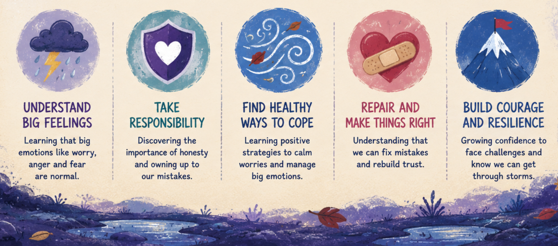 Feelins, responsibility, coping strategies, repair, courage and resilience.