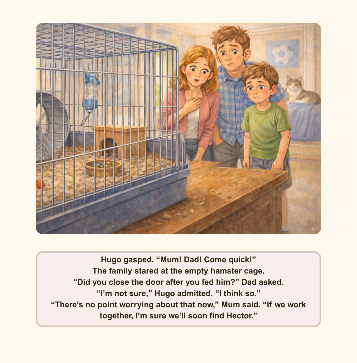 Illustration of a family looking at an empty hamster cage with text below.
