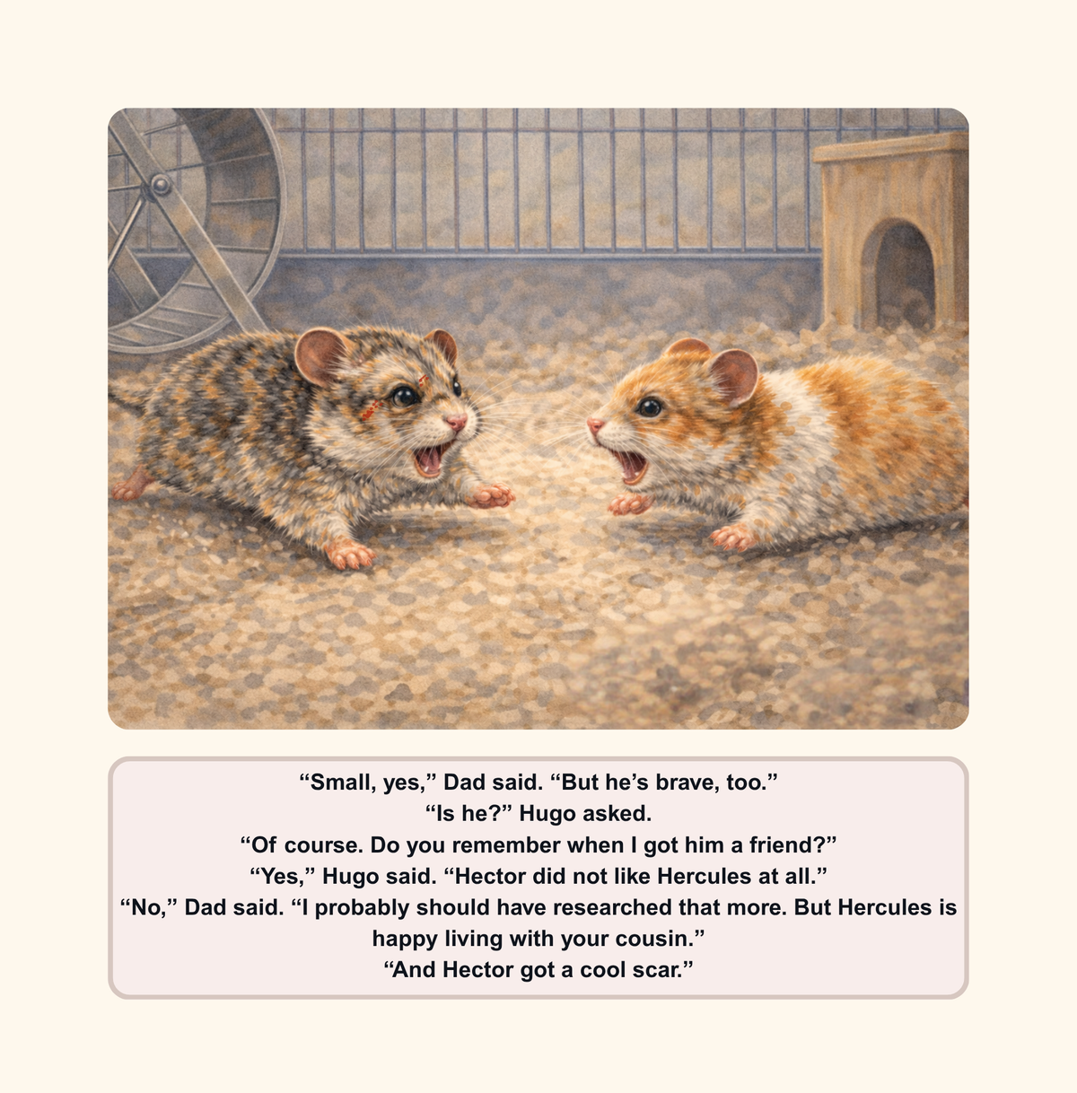Two hamsters in a cage with a text box below them.