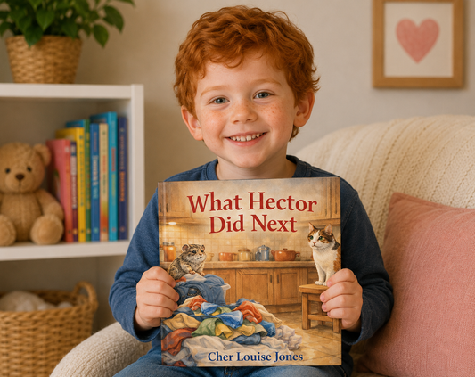 Child holding a book titled 'What Hector Did Next' in a cozy living room setting.